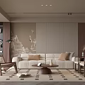 Modern Chinese Style Living Room Interior With Beige Sofa Wooden Furniture And Wall Art