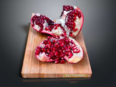 Fresh Sliced Pomegranate with Plump Red Arils on Wooden Cutting Board 3d model