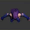 Stylized 3D Model Character With Purple Hair Blue Outfit Red Stripes And Arm Leg Guards