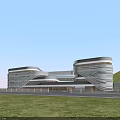 Modern Commercial Complex Featuring Unique Striped Facade Glass Curtain Walls And Green Surroundings