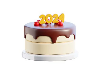 Delicious Two Layer Cake with 2024 Number Red Cherries and Chocolate Drizzle on White Base 3d model