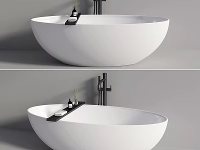 Modern White Freestanding Bathtub With Black Faucet And Bath Products Tray 3d model