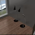 Modern Black Shade Floor Lamps With Curved Silver Poles And Wall Light Shadows