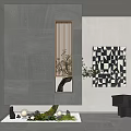 Modern Entryway Design With Gray Wall Wooden Grille Green Plant And Black White Geometric Art