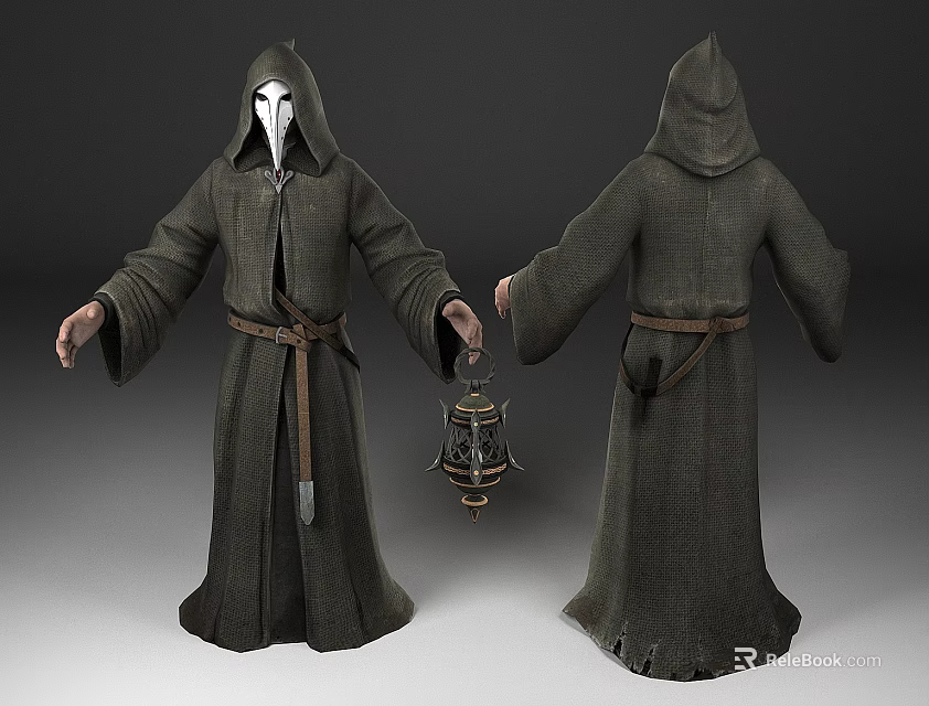 Man In Hooded Robe With White Mask Holding Lantern Full Body Two Views 3d model 