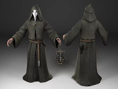 Man In Hooded Robe With White Mask Holding Lantern Full Body Two Views 3d model