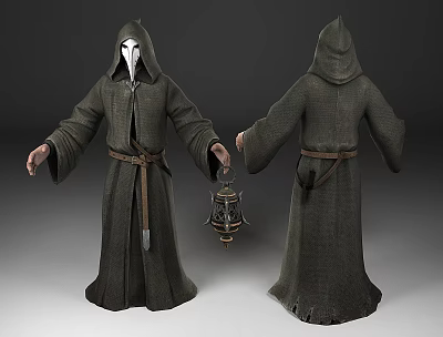 Man In Hooded Robe With White Mask Holding Lantern Full Body Two Views 3d model