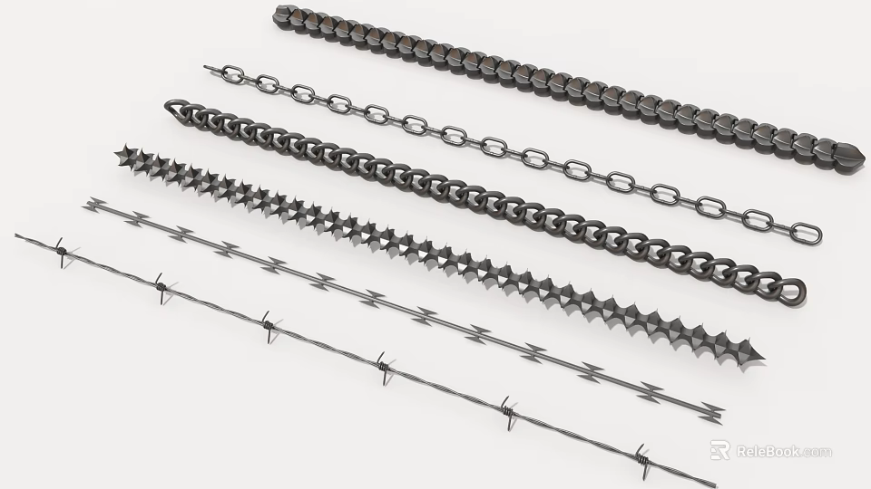 Various Types Of Industrial Chains Featuring Spiked And Smooth Metal Links 3d model 