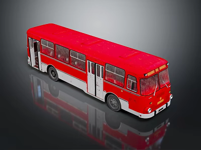 Red and White Classic Bus with Reflective Surface and Sleek Body Design 3d model