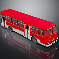 Red and White Classic Bus with Reflective Surface and Sleek Body Design