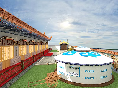 Traditional Chinese Garden Landscape with Red Roof Architecture Blue Decorations Yurt Green Lawn Wooden Cart 3d model