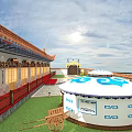 Traditional Chinese Garden Landscape with Red Roof Architecture Blue Decorations Yurt Green Lawn Wooden Cart