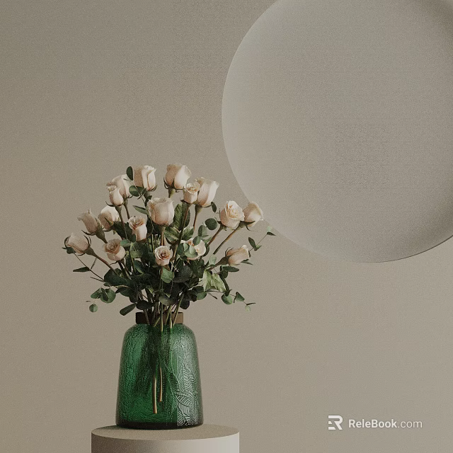 Bonsai Plant In Green Pot With Beige Flowers And Round White Background Element 3d model 