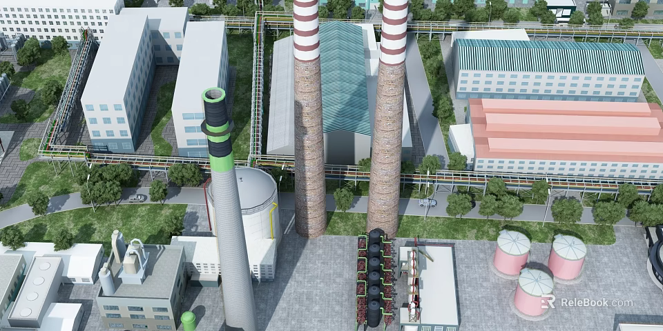 Industrial Plant With Tall Chimneys Cooling Towers Pipes Surrounding Buildings And Green Areas 3d model 