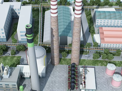 Industrial Plant With Tall Chimneys Cooling Towers Pipes Surrounding Buildings And Green Areas 3d model