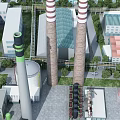 Industrial Plant With Tall Chimneys Cooling Towers Pipes Surrounding Buildings And Green Areas