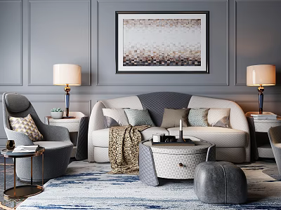 Contemporary Sofa Coffee Table Set With Light Upholstery Decorative Pillows Table Lamps And Wall Art 3d model