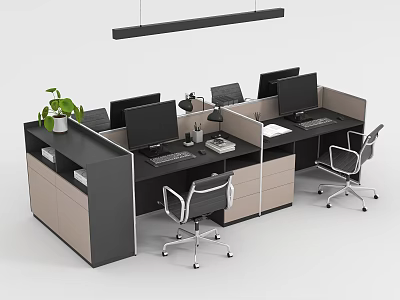 Modern Office Workstations With Computer Monitors Office Chairs Potted Plant And Storage Cabinets 3d model