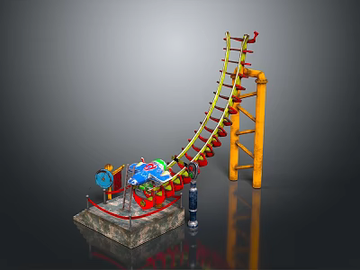 Roller Coaster Architectural Structure With Yellow Support Frame Red Track And Blue Carriage 3d model