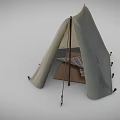 Canvas Camping Tent With Interior Bed Furniture And Wooden Poles Setup
