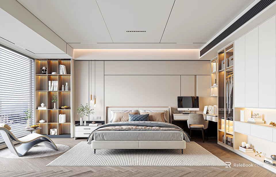 Modern Bedroom Interior Design With Bed Pillows Shelves Lighting Desk And Rug 3d model 