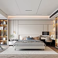 Modern Bedroom Interior Design With Bed Pillows Shelves Lighting Desk And Rug