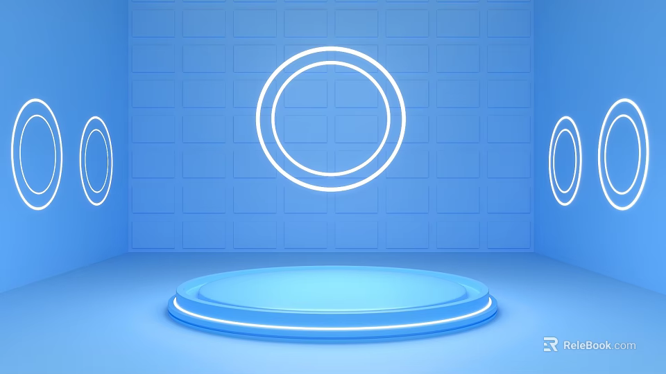 Blue Stage Platform With Glowing Circular Rings And Square Wall Background 3d model