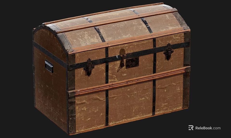Vintage Brown Trunk with Wooden Frame Metal Latches and Canvas Surface 3d model 