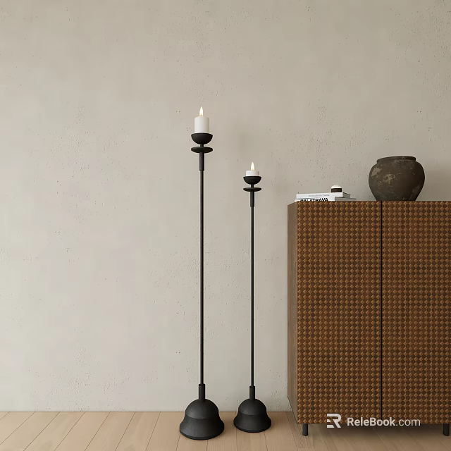 Minimalist Interior With Black Floor Candlesticks White Candles Woven Cabinet Clay Pot And Books 3d model 