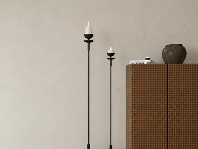 Minimalist Interior With Black Floor Candlesticks White Candles Woven Cabinet Clay Pot And Books 3d model