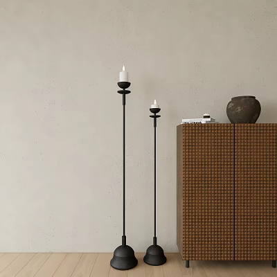 Minimalist Interior With Black Floor Candlesticks White Candles Woven Cabinet Clay Pot And Books 3d model