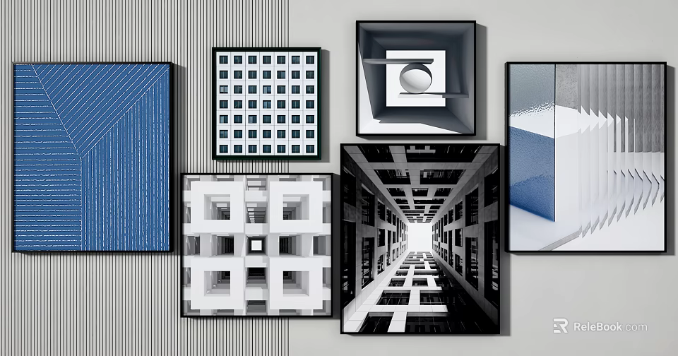 Abstract Paintings Featuring Geometric Patterns And Black White Blue Tones In Modern Frames 3d model 
