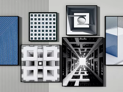 Abstract Paintings Featuring Geometric Patterns And Black White Blue Tones In Modern Frames 3d model