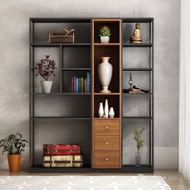 Black Metal Frame Bookcase with Wooden Shelves Books Vase Statue Potted Plants Drawers and Suitcases 3d model 