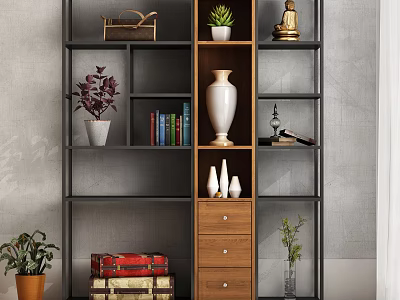 Black Metal Frame Bookcase with Wooden Shelves Books Vase Statue Potted Plants Drawers and Suitcases 3d model