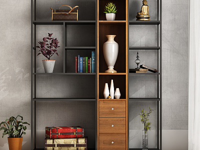 Modern bookshelf steel wood combination bookcase accessories model