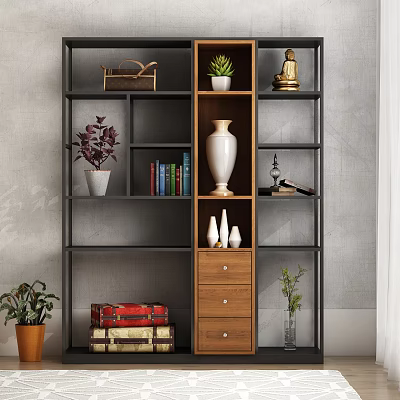 Black Metal Frame Bookcase with Wooden Shelves Books Vase Statue Potted Plants Drawers and Suitcases 3d model
