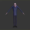 Tall Thin Cartoon Character in Blue Outfit with Open Arms and Surprised Expression