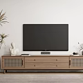 Modern Wooden TV Stand with TV Plant Statue and Vase in Living Room
