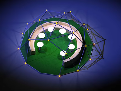 Geometric Pergola Design with Blue Frame Yellow Nodes Green Ground and White Circular Elements 3d model