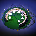 Geometric Pergola Design with Blue Frame Yellow Nodes Green Ground and White Circular Elements