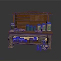 Wooden Carved Sideboard With Shelves Cabinets Displaying Cans Bread And Decorative Items