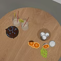 Inflatable Fruit And Drink Models On Wooden Table With Lemon Slices And Straws