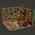 Cozy Wooden Library Nook Interior With Bookshelves Deer Head Red Armchair And Fireplace