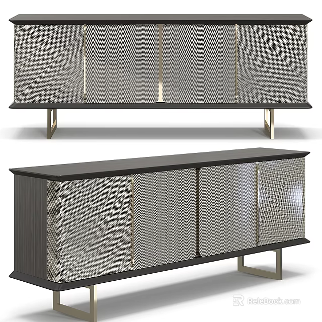 Modern TV Stand With Woven Texture Doors And Black Top Metal Legs 3d model 
