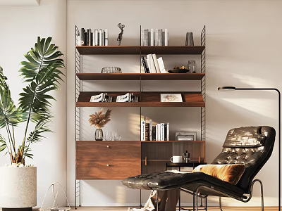 Black Leather Recliner Chair in Modern Living Room with Bookshelf Green Plant and Floor Lamp 3d model