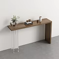 Minimalist Wooden Console Table With Transparent Legs Green Plant Books And Vase
