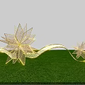 Outdoor Golden Star Art Installation With Wavy Light Strips On Green Grass At Night