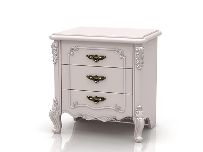 White Classic Bedside Table With Three Drawers Gold Handles And Carved Details 3d model