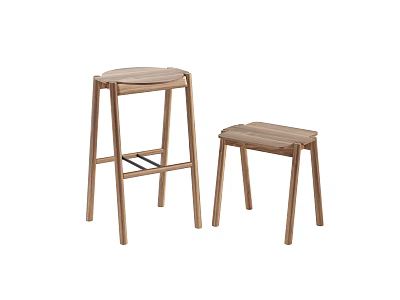 Wooden Bar Stools With Simple Design Natural Wood Grain And Two Heights 3d model